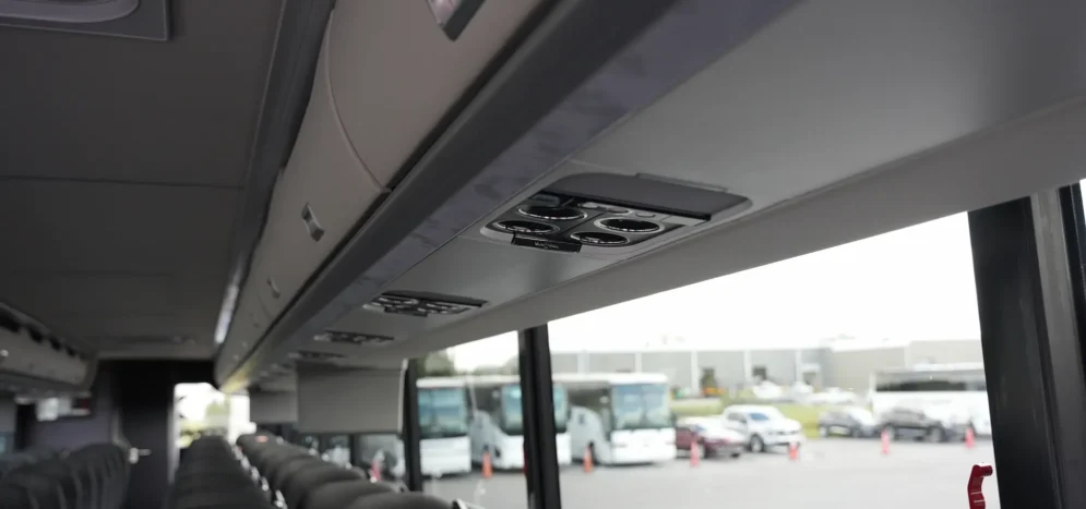 Wedding transportation charter bus interior with comfortable seating for the bridal party and guests